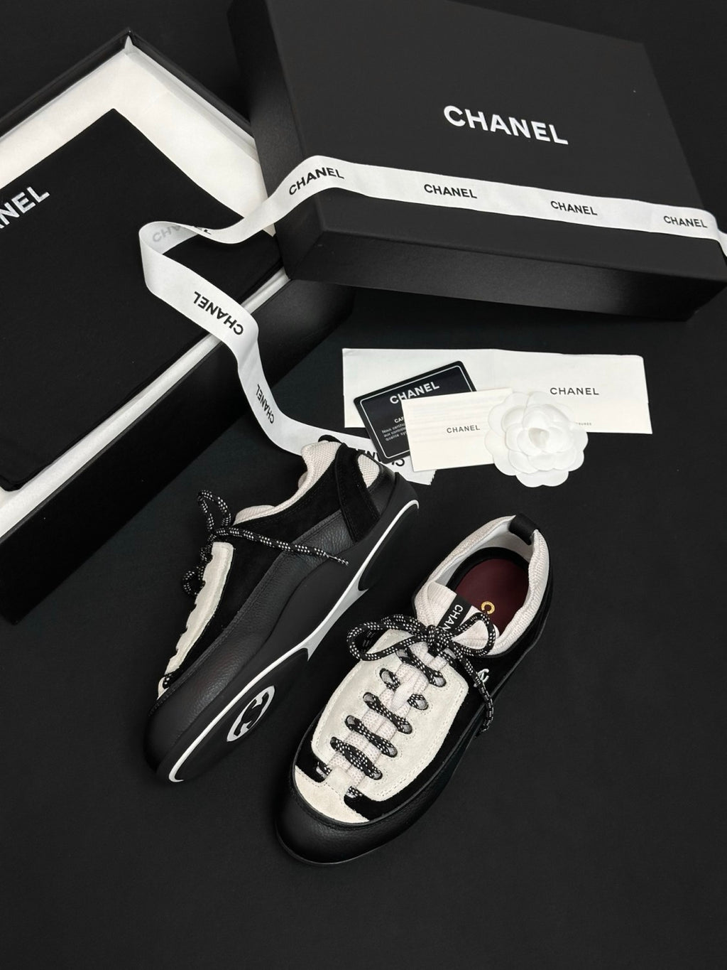 CHANEL Sneakers Velvet Calfskin Mixed Fibers Black White #386505