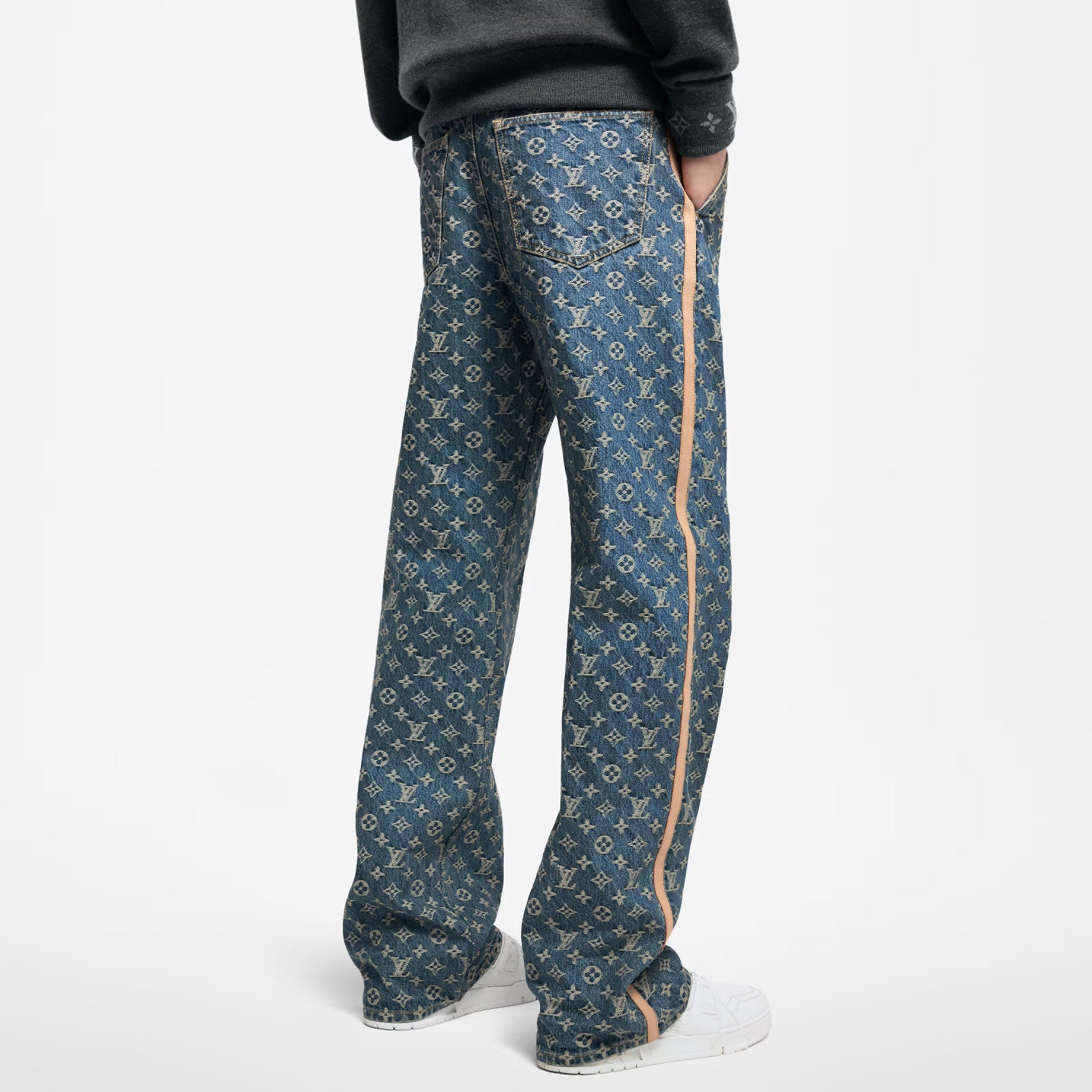 Louis Vuitton Men's Spring and Autumn Blue Cotton Monogrammed Full Print Jeans Pants #74415