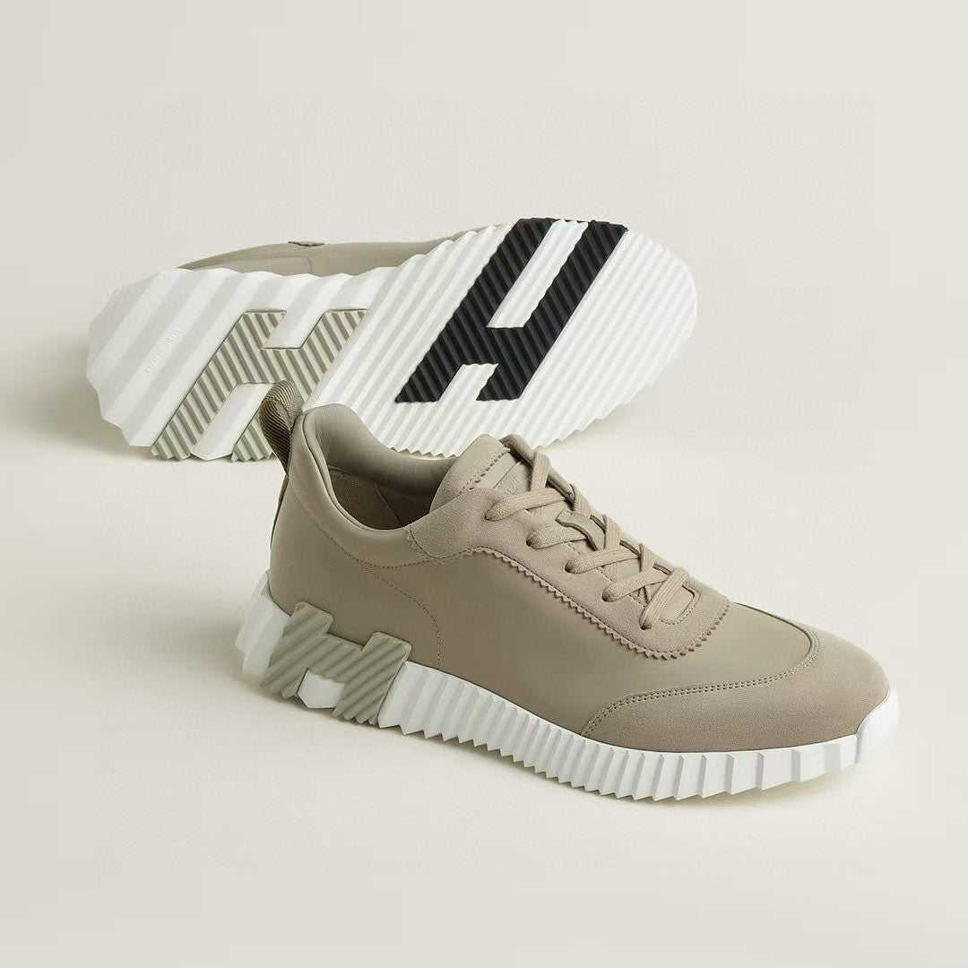 Hermes Bouncing Sneakers Men's Solid Color Leather and Suede Mesh Low-Top Lace-Up Shoes #81413