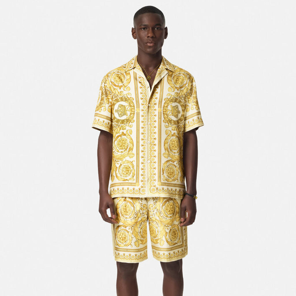 Versace Men's Summer Solid Color Single Breasted Lapel Short Sleeve BAROCCO Silk Shirt Casual Elastic Shorts Ngvp #8287
