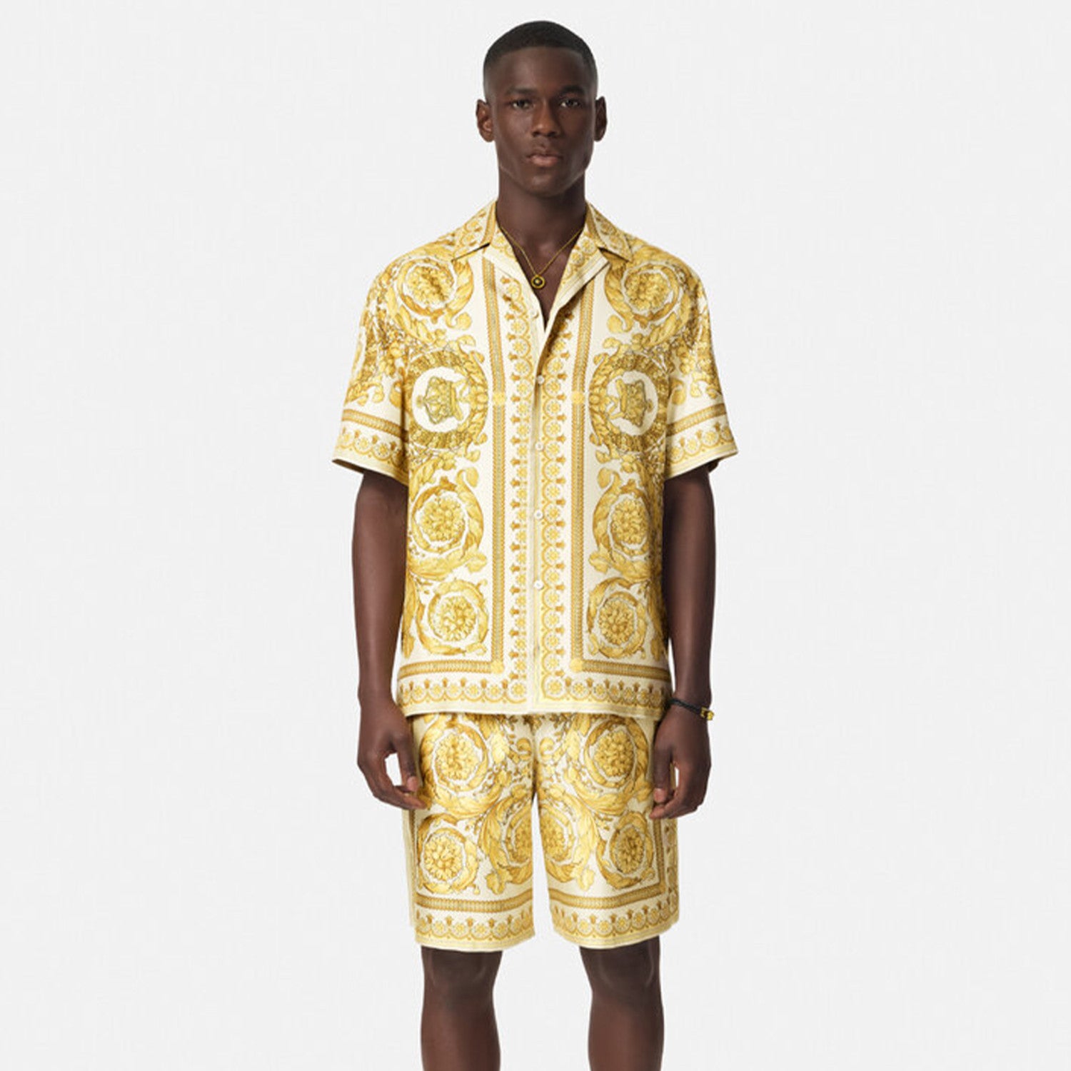 Versace Men's Summer Solid Color Single Breasted Lapel Short Sleeve BAROCCO Silk Shirt Casual Elastic Shorts Ngvp #8287