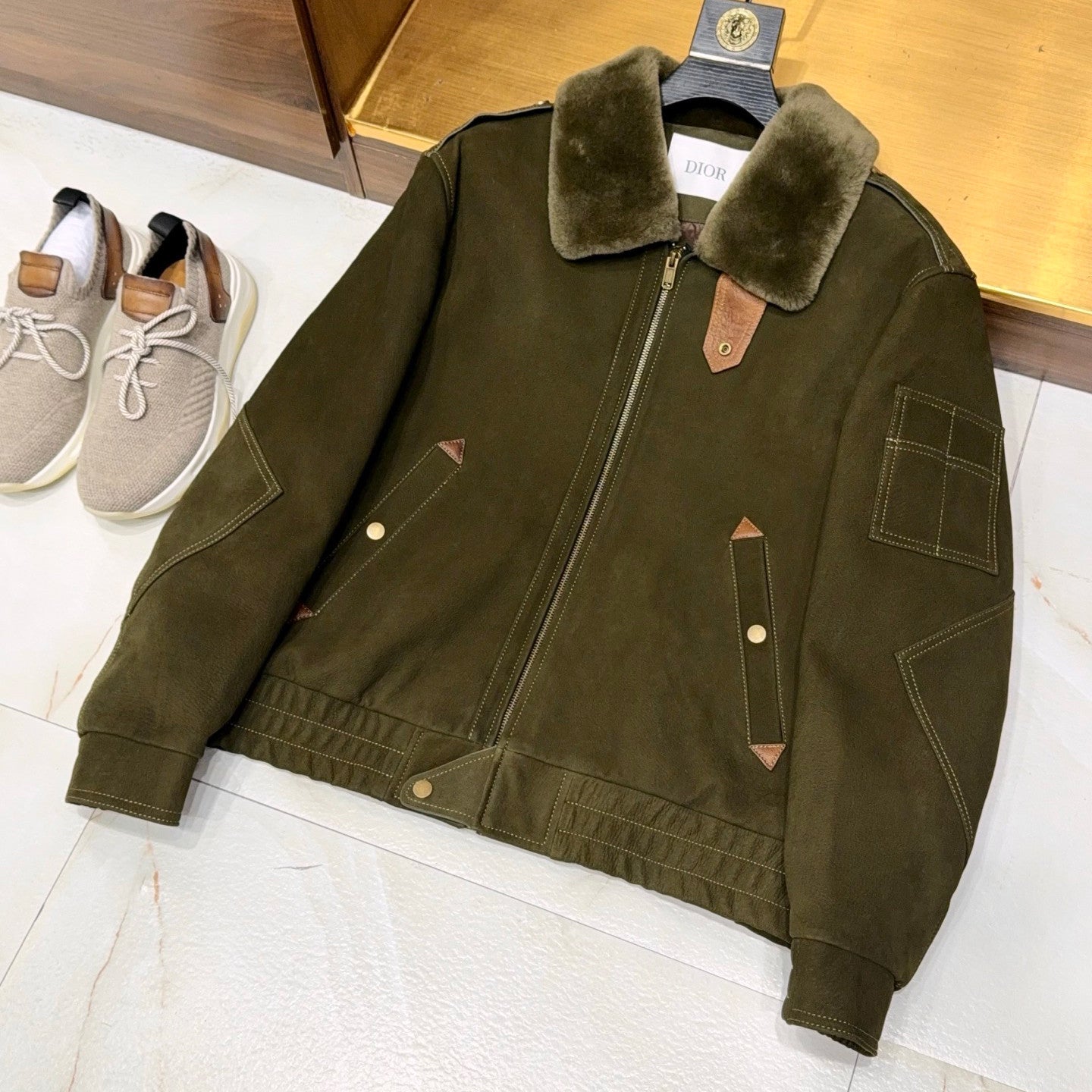 Dior Men's Winter Fashion Classic Lapel Zipper Shearling Jacket with White Duck Down Lining Long Sleeve Coat Jacket #78825