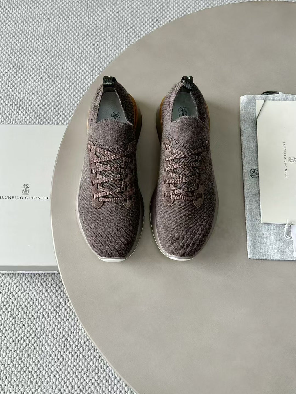 Brunello Cucinelli  Men's Spring Autumn Knitted Cotton Fabric Patchwork Semi-Polished Calfskin Sneakers Fashion Comfort Sports Running Shoes #81233
