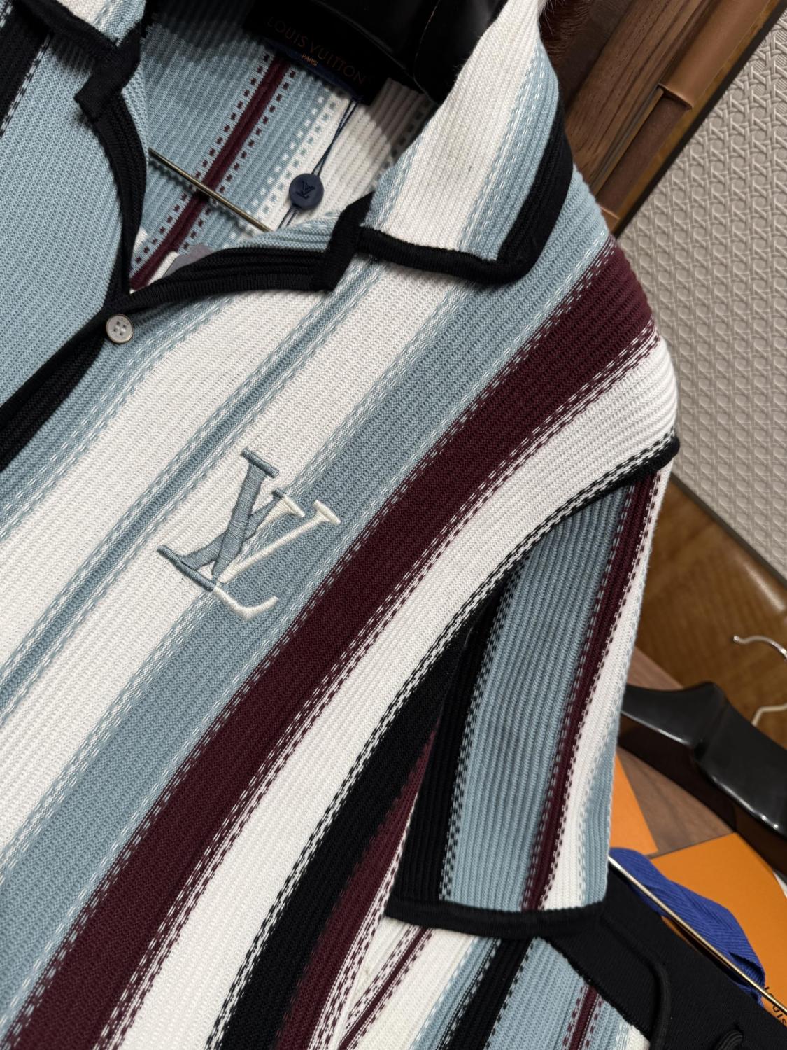 Louis Vuitton  Men's Summer Striped Crochet Single Breasted Short Sleeve Shirt Casual Lace-Up Shorts Suit Set #76893