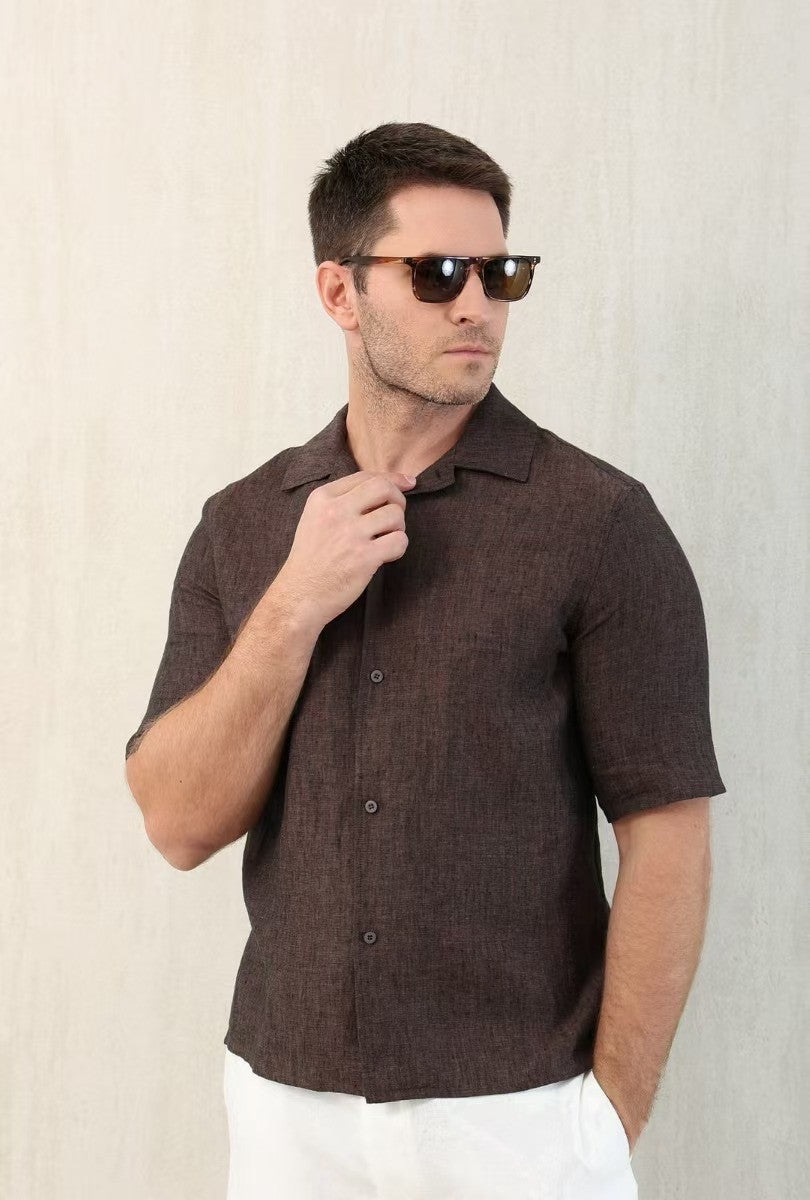 Brunello Cucinelli Men's Linen Loose Summer Single-Breasted Solid Color Lapel Short Sleeve Shirt Ngvp #1454