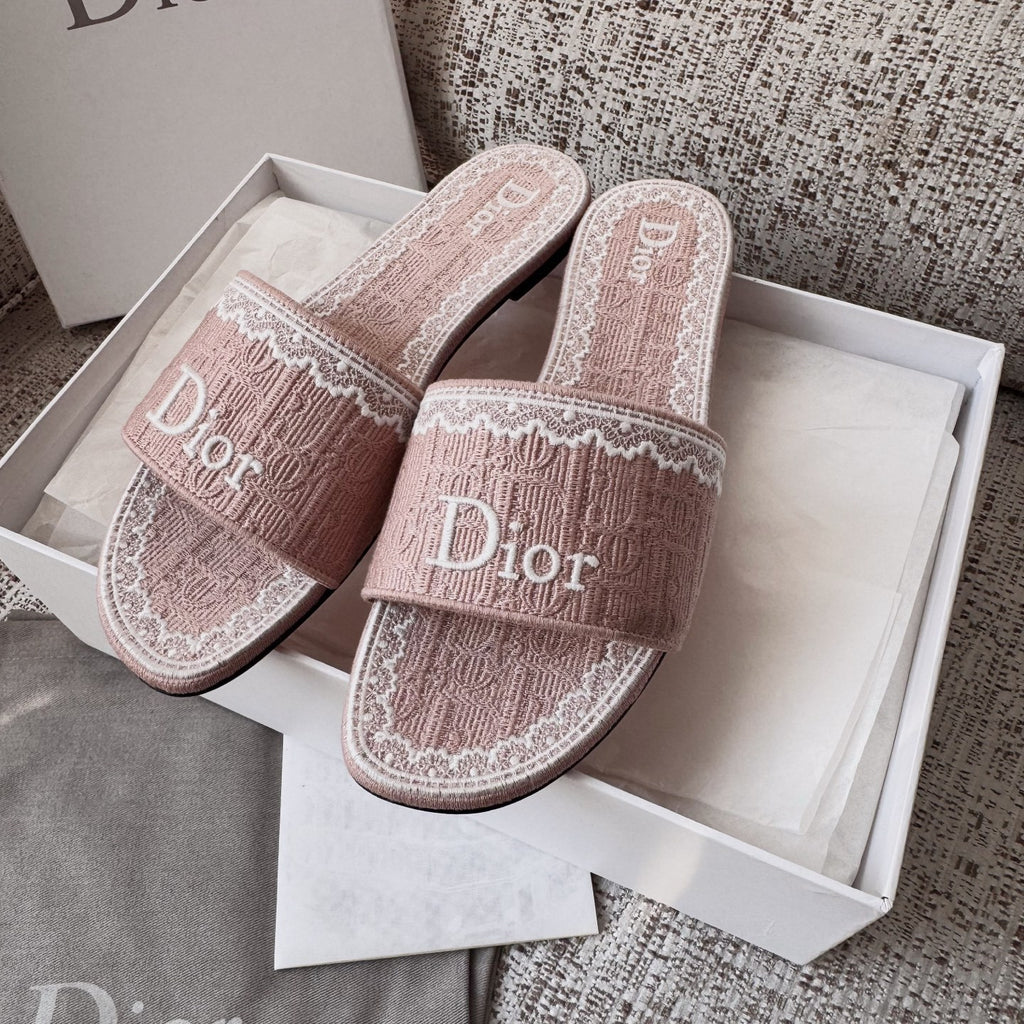 Dior Dentelle Slide Sky Blue Dior Oblique Embroidered Cotton and White Lace #377809