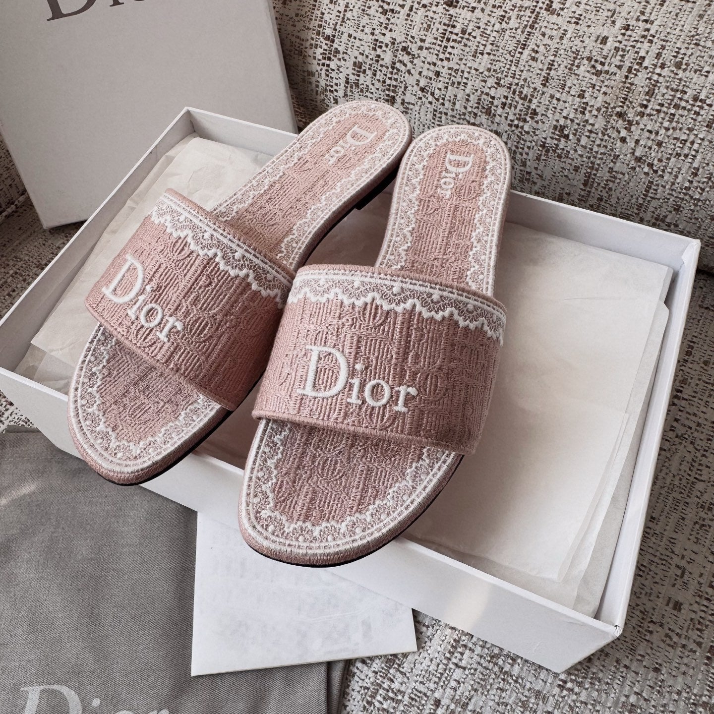Dior Dentelle Slide Sky Blue Dior Oblique Embroidered Cotton and White Lace #377809