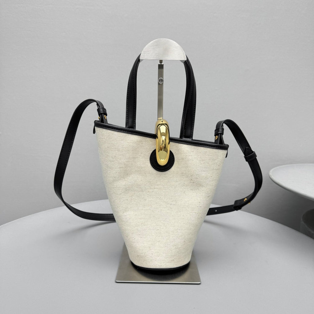 Jacquemus The small Bambola Women's Classic Fashionable Minimalist Detachable Shoulder Strap Metal Buckle Linen Leather Bucket Bag Tote Bag Handbag Bags #78241