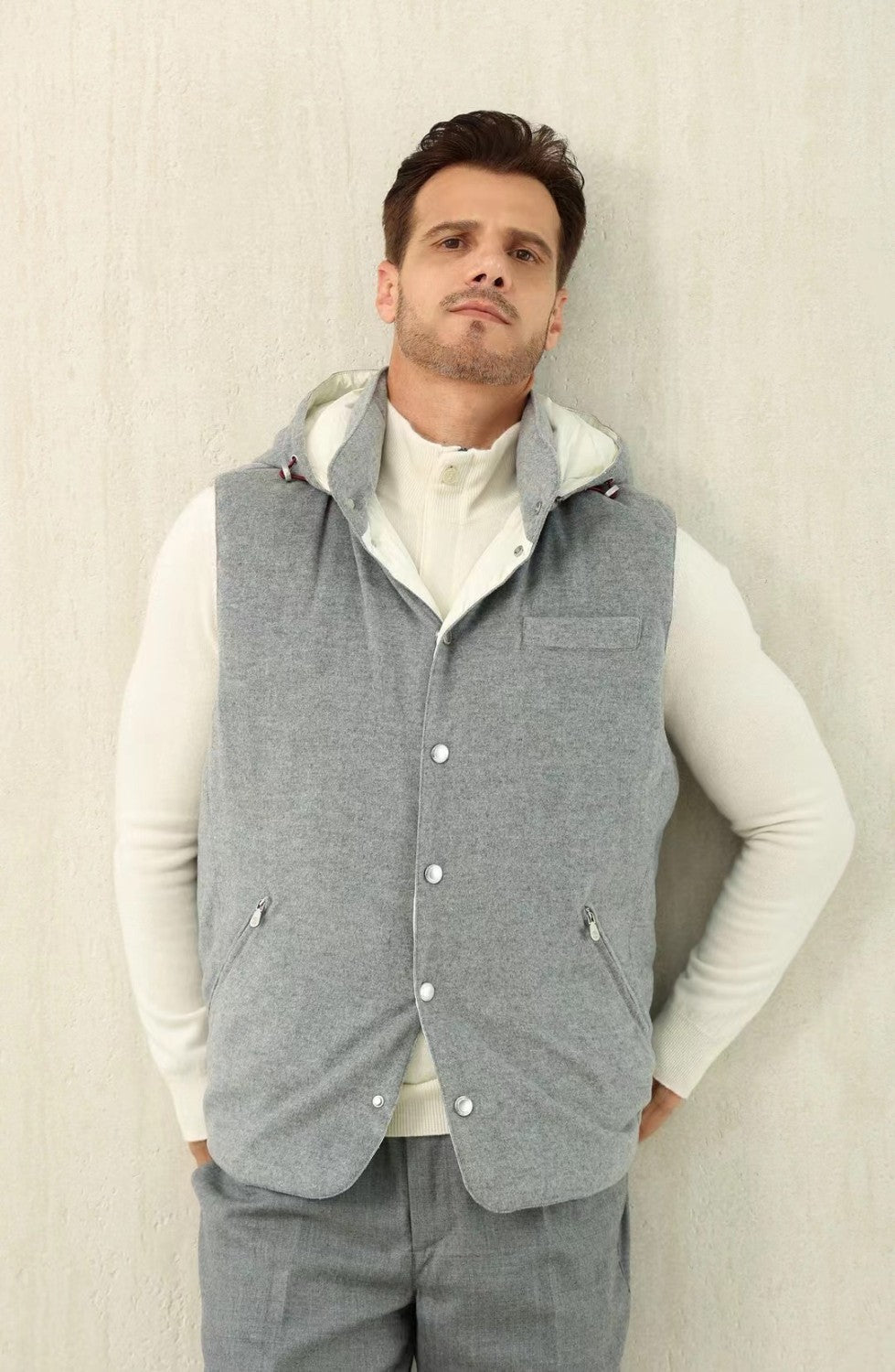 Brunello Cucinelli Men's Spring/Autumn Detachable Hooded Solid Color Single-Breasted Bonded Wool Flannel Down Vest Ngvp #2293