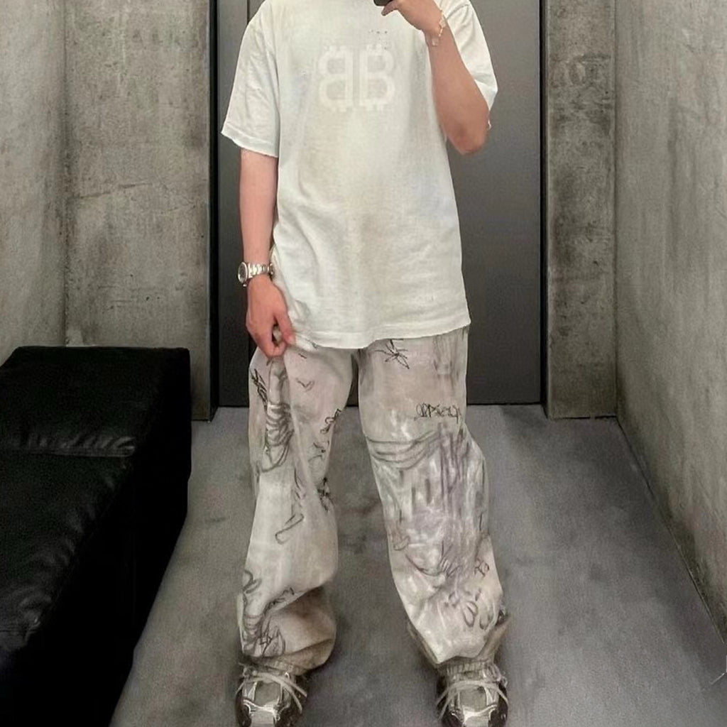 Balenciaga Men's Spring And Autumn Graffiti Retro Old Workwear Pants White Baggy Jeans High Street Fashion Straight Casual Pants Ngvp #1184