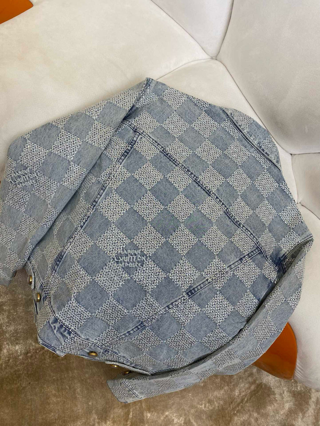 Louis Vuitton Men's Spring And Autumn Checkerboard  Print Jacquard Crystal Decoration Single Breasted Long Sleeved Denim Jacket Casual Jeans Pants Suit Set #75273