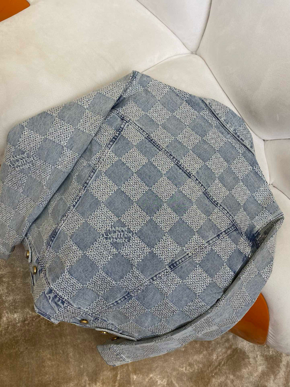 Louis Vuitton Men's Spring And Autumn Checkerboard  Print Jacquard Crystal Decoration Single Breasted Long Sleeved Denim Jacket Casual Jeans Pants Suit Set #75273