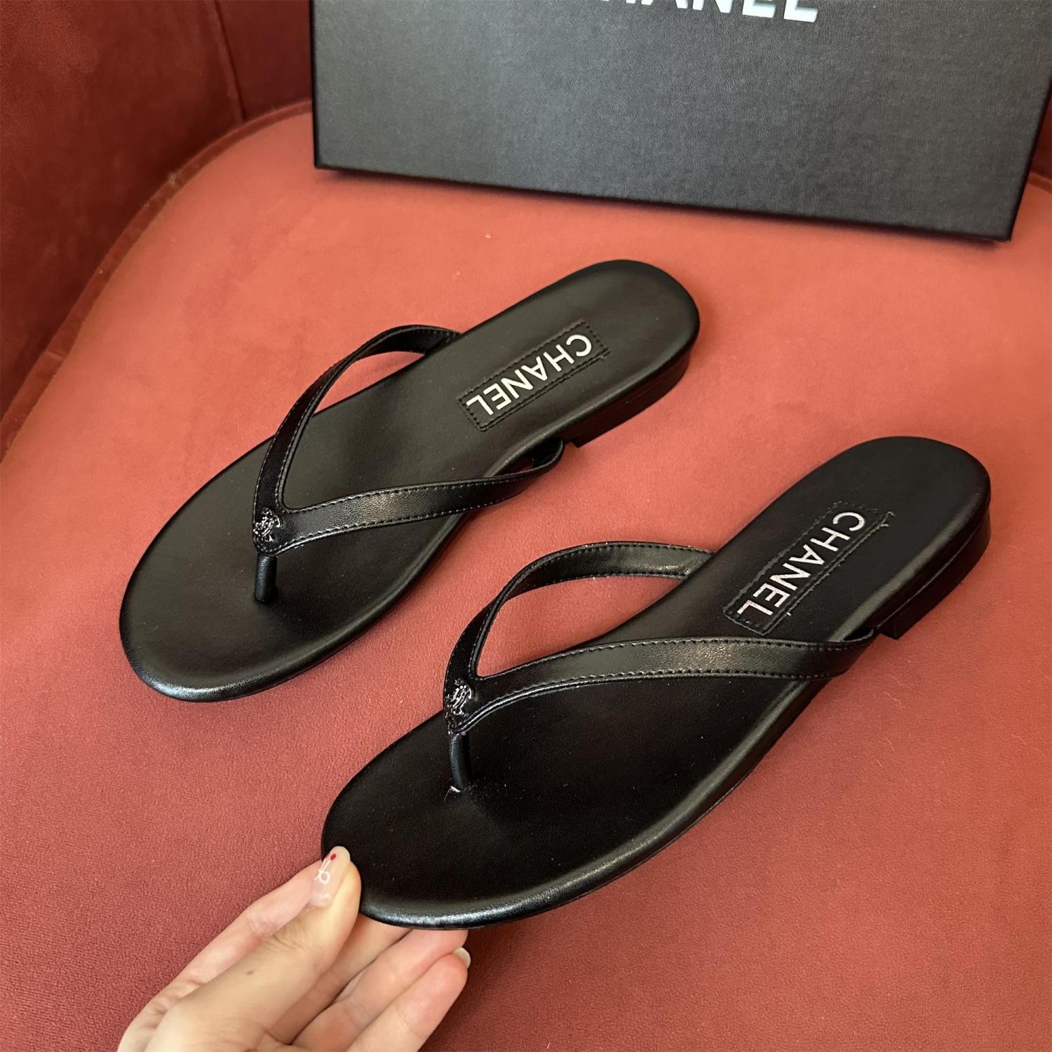 Chanel Women's Summer Fashion Casual Simple Round Toe Open Toe Leather Thong Sandals Shoes #78433