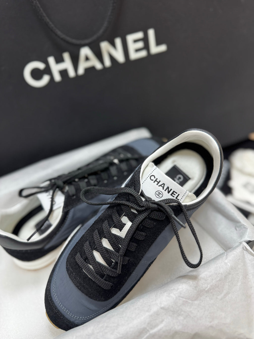 CHANEL Sneakers Calfskin Suede Calfskin White Black #381216