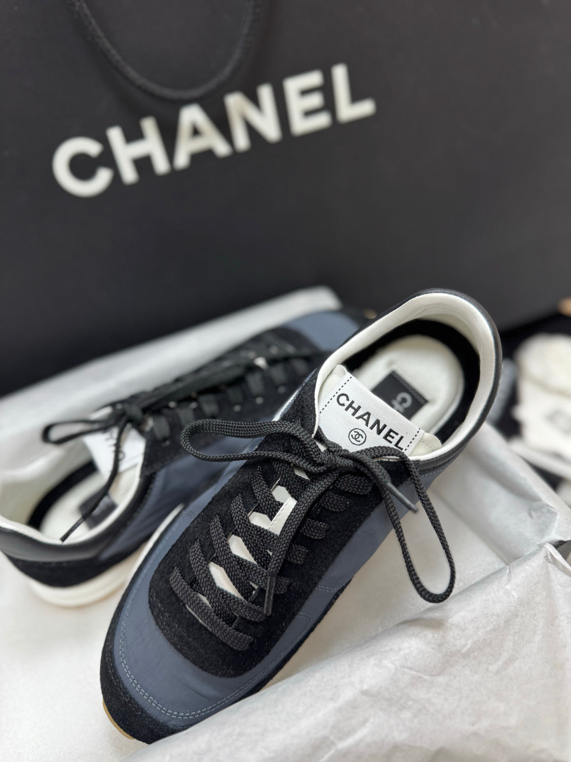 CHANEL Sneakers Calfskin Suede Calfskin White Black #381216