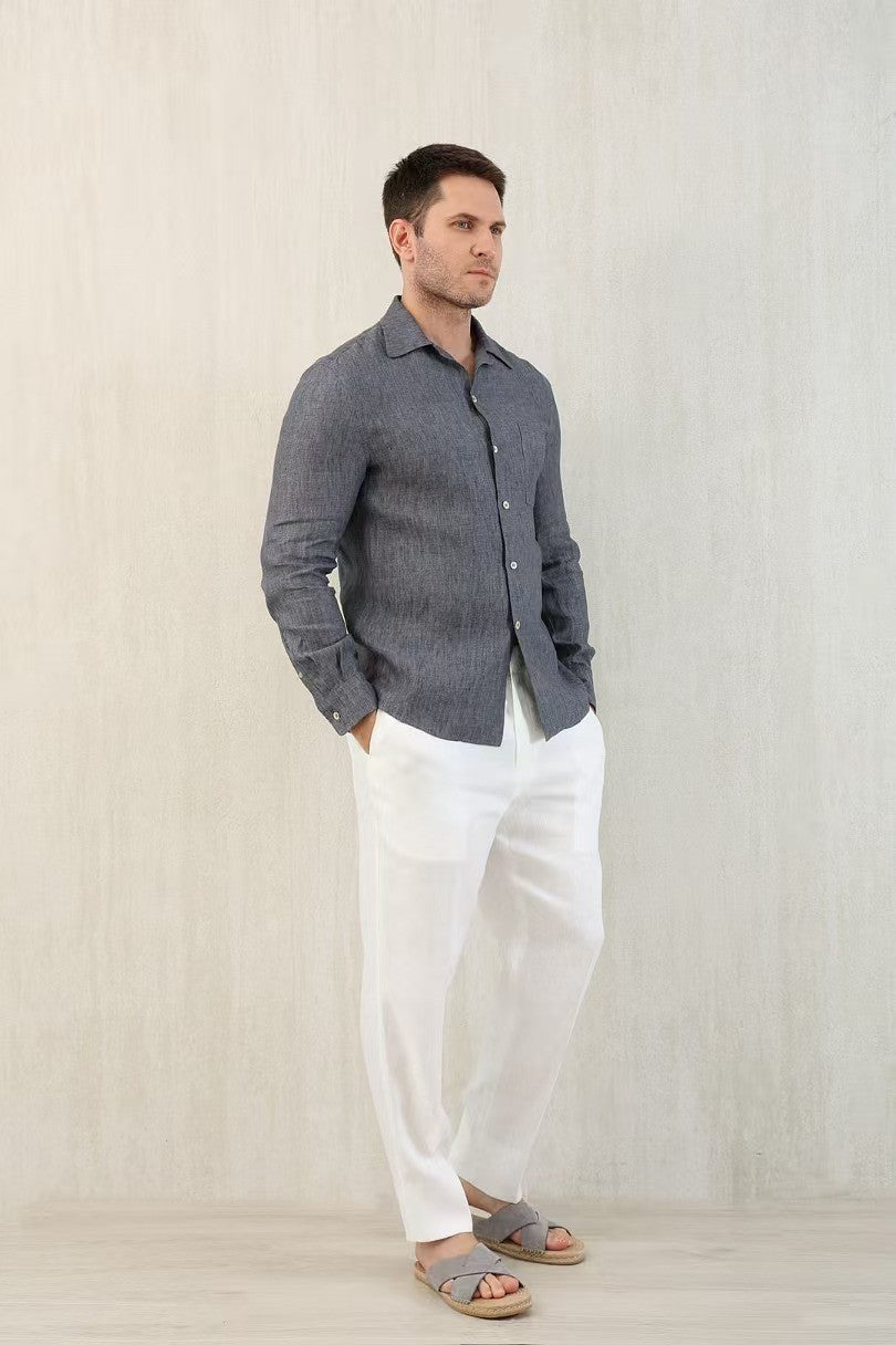 Brunello Cucinelli Men's Linen Easy Fit Shirt with Camp Collar and Chest Pocket Spring And Autumn Solid Color Long Sleeve Top Ngvp #1455