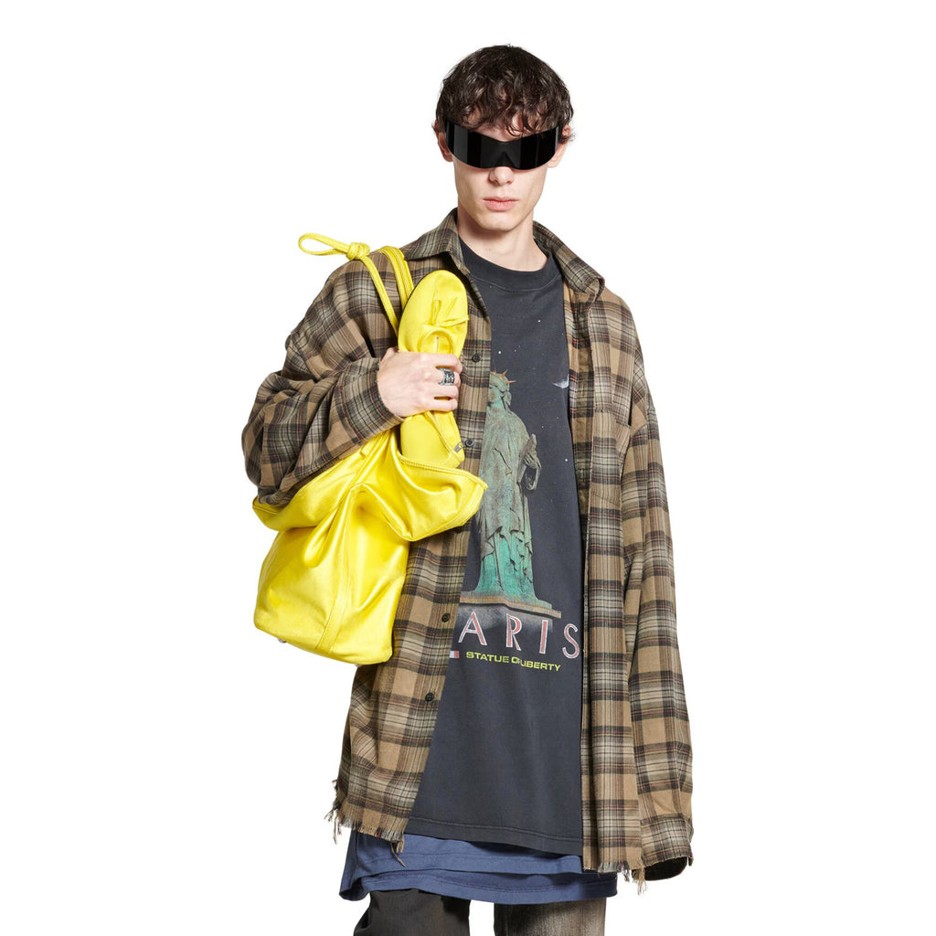 Balenciaga Men's Spring And Autumn Checkered Lapel Aged Cotton PARIS LIBERTY Loose Long Sleeve Solid Layered Shirt Ngvp #9286