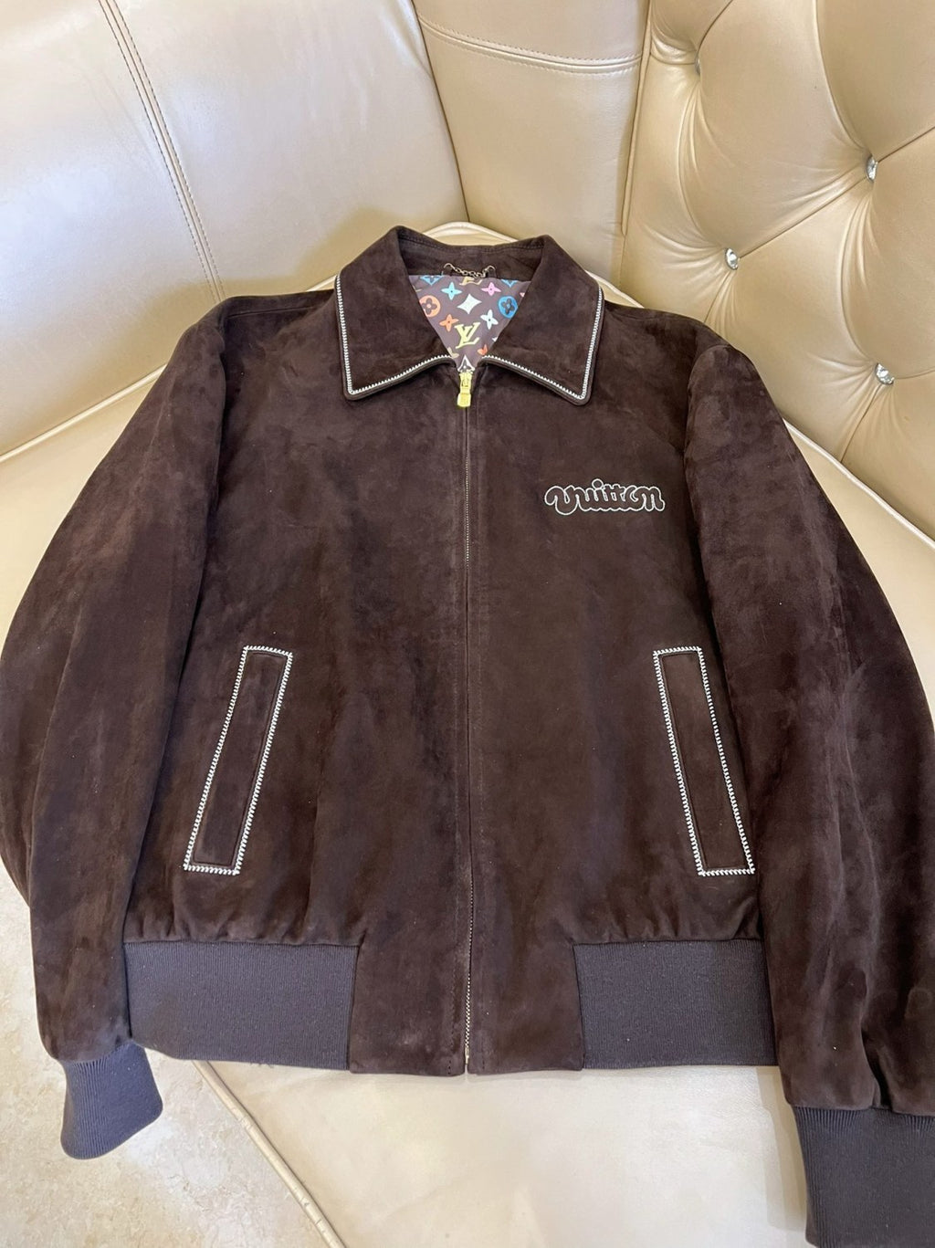 Louis Vuitton Men's Fall and Winter Brown Letter Zipper Lapel Casual Pilot Leather Long Sleeve Jacket #72671