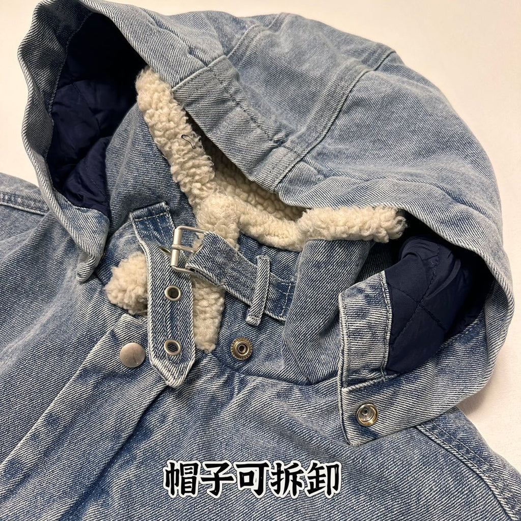 Supreme Men's And Women's Fall And Winter Solid Color Removable Hood Lamb's Wool Lining Long Sleeved Denim Jacket #74563