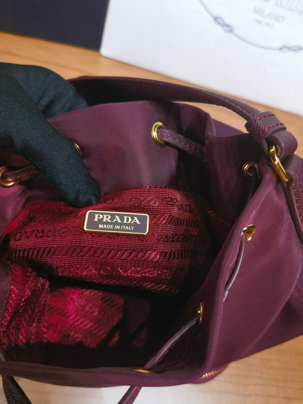 Prada Duet Recycled Nylon Bucket Bag Drawstring Closure Shoulder Bag #332667