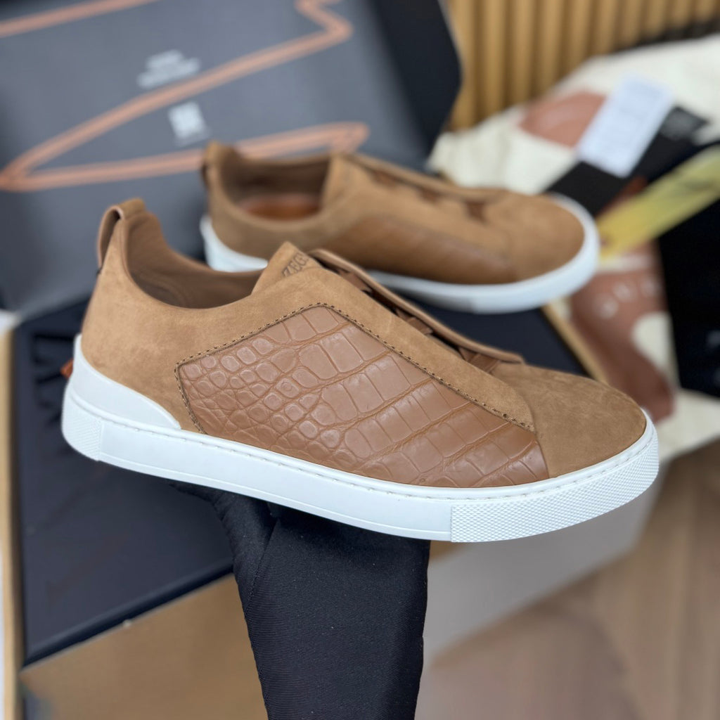 Ermenegildo Zegna Men's Fashion Classic Round Toe Slip On Flat Low Top Crocodile Leather Suede Patchwork Luxury Business Casual Shoes #79375