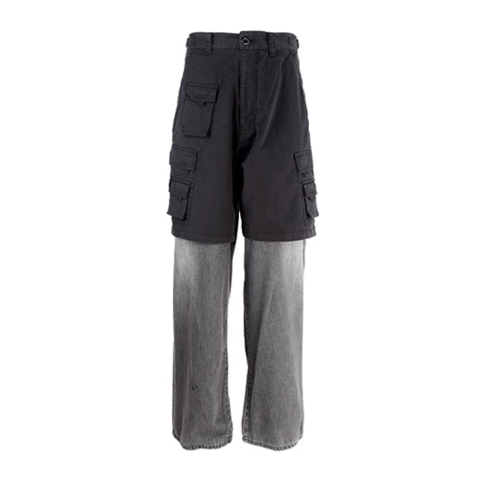 Balenciaga Men's Spring And Autumn Black Multi-Pocket Cotton Loose Work Pants Casual Spliced Denim Pants Ngvp #9165