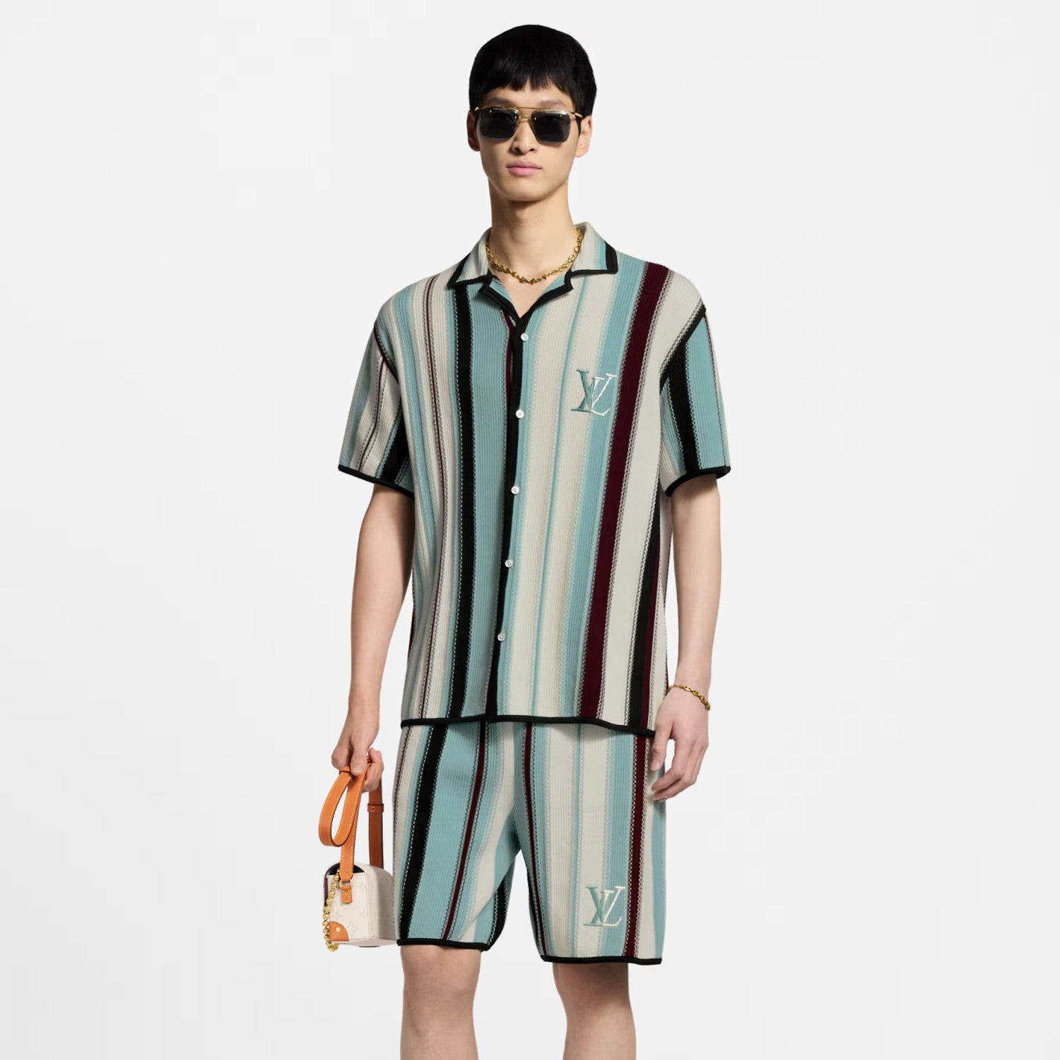 Louis Vuitton Men's Summer Embroidered Logo Stripe Crochet Single Breasted Short Sleeve Shirt Casual Lace Up Shorts Suit Set #81258