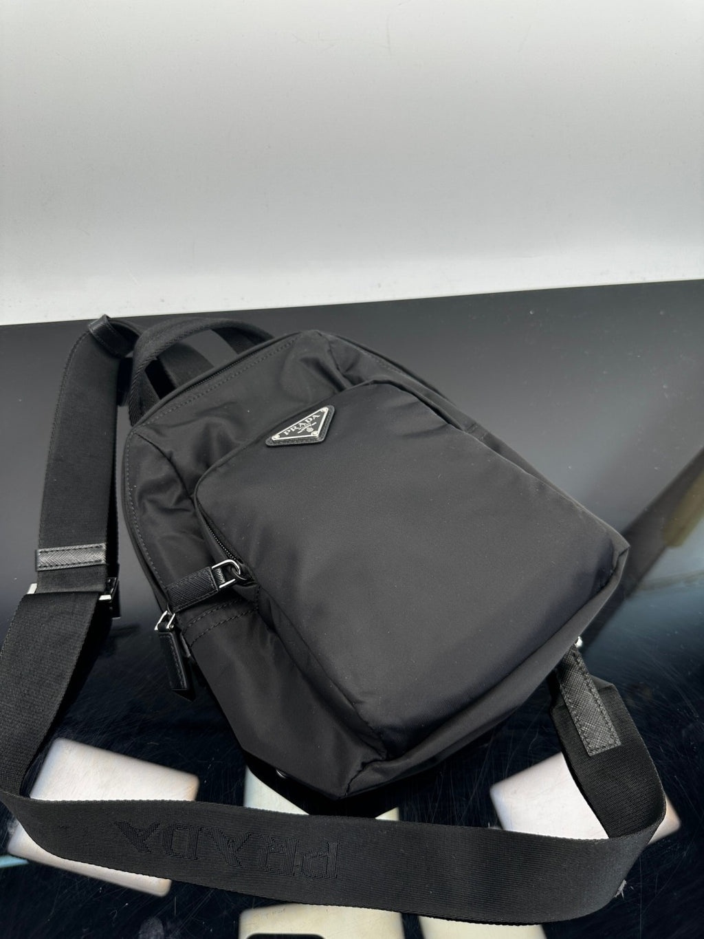 Prada Men's Solid Color Fashion Casual Triangle Logo Recycled Nylon Backpack Bags #78271