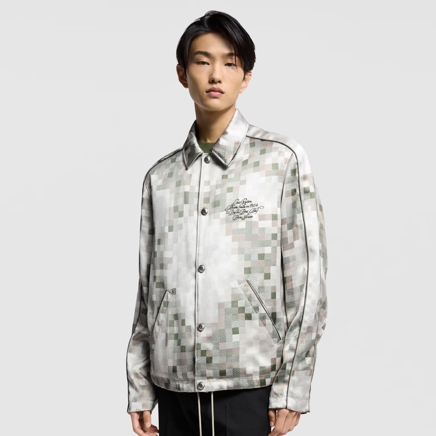 Louis Vuitton ï»?Men's Spring Graphic Coach Jacket Jacquard Drawstring Hem Long Sleeve Single Breasted Coat #71876