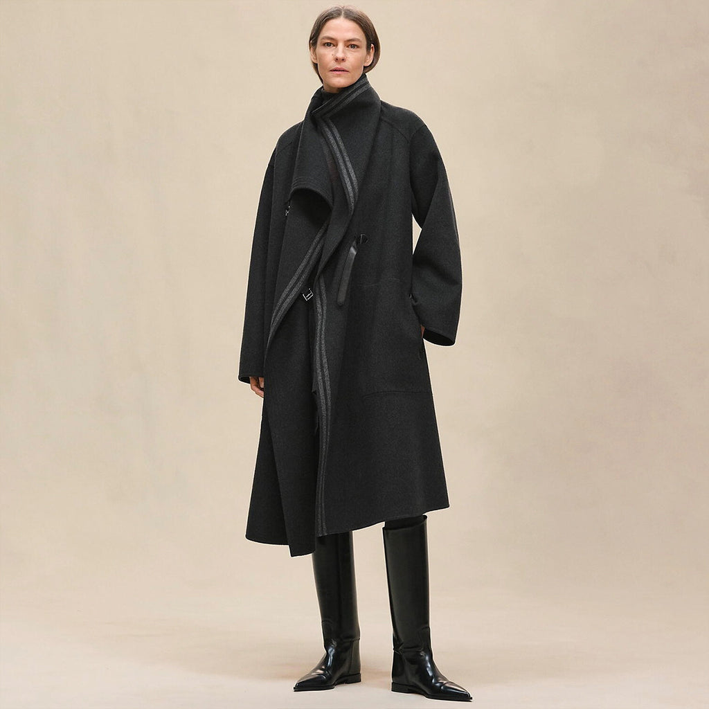 Hermes Men's And Women's Reversible Double-Faced Wool-Cashmere Blend Stand Collar Long Coat Jacket Ngvp #2578