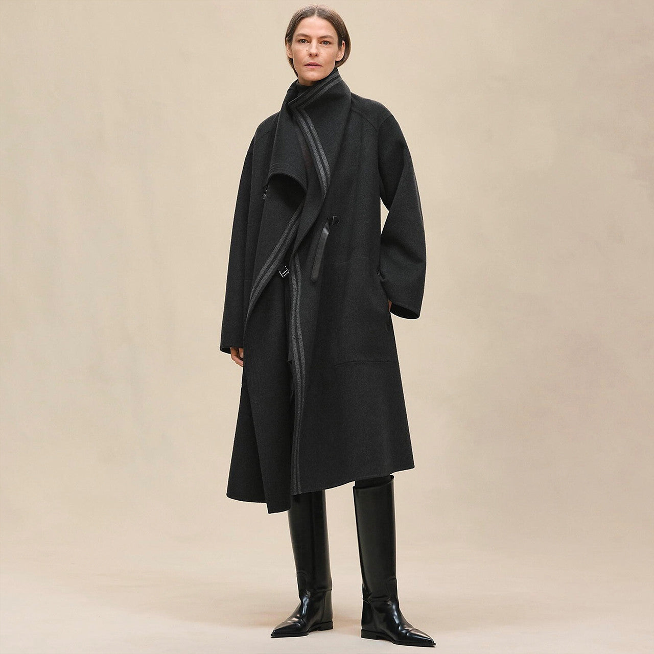 Hermes Men's And Women's Reversible Double-Faced Wool-Cashmere Blend Stand Collar Long Coat Jacket Ngvp #2578