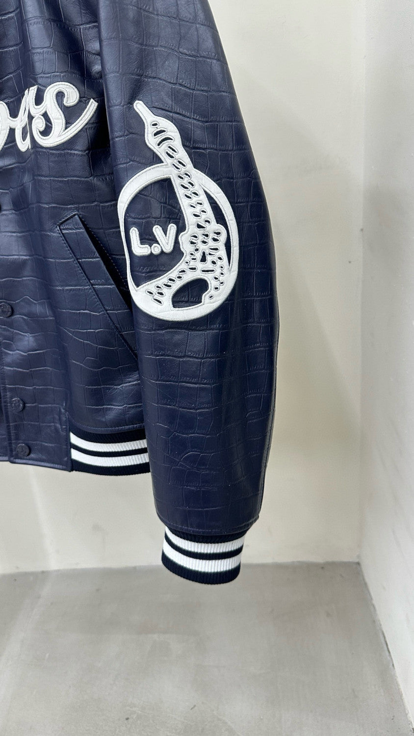 Louis Vuitton Men's Fall And Winter Navy Blue Lambskin Embossed Crocodile Leather Pattern Zipper Baseball Jacket #98618