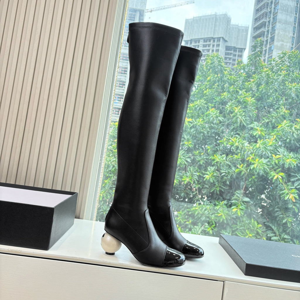 Chanel Women's Fall/winter Fashion Classic Round Toe Sheepskin Double C Oversized Pearl Heel Stretch Mid Calf Boots Long Boots Shoes #78546