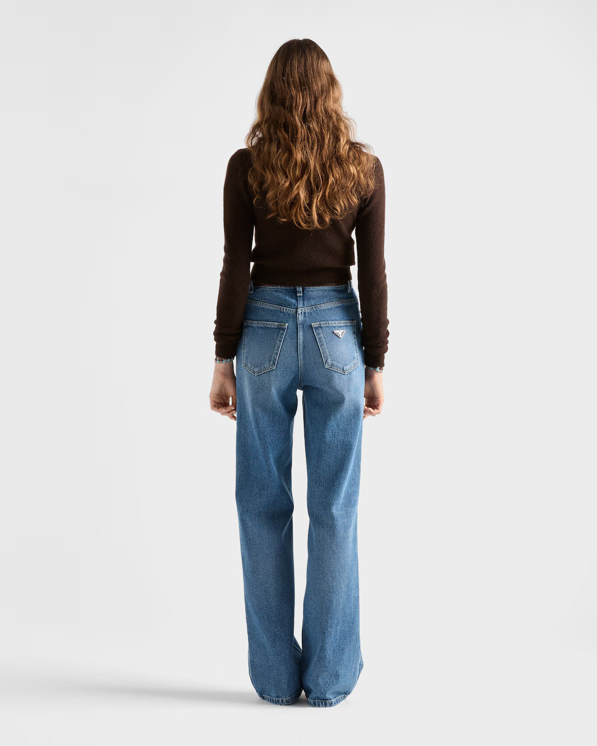 Prada Women's Spring And Fall Five-pocket Jeans Loose Retro Washed Fashion Elegant Triangle Metal Emblem Logo Straight Long Denim Pants  #81442