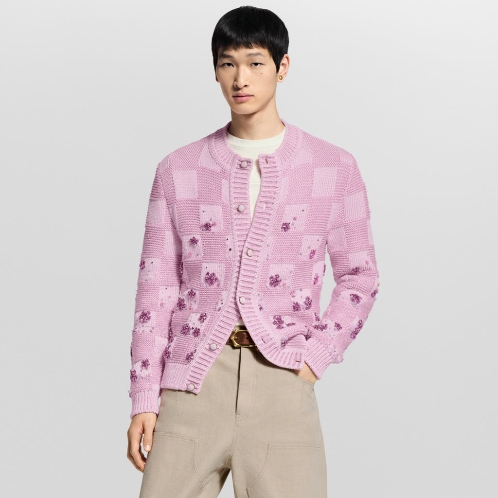 Louis Vuitton DAMIER Men's And Women's Spring/fall Fashion Casual Crew Neck Single-button Checkered Pattern Sweater With Delicate Floral Embroidery Details Knit Cardigan #79247
