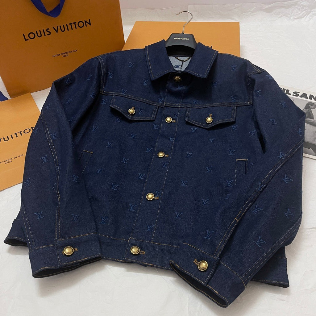 Louis Vuitton Men's Spring And Autumn Logo Embroidery Color Line Single Breasted Denim Long Sleeved Jacket Jeans Pants Set Suit #75393