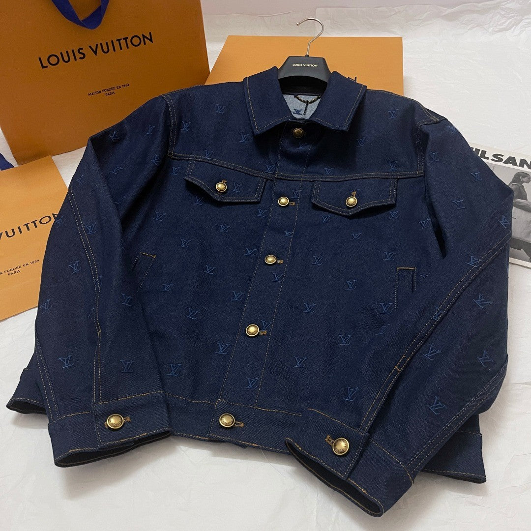 Louis Vuitton Men's Spring And Autumn Logo Embroidery Color Line Single Breasted Denim Long Sleeved Jacket Jeans Pants Set Suit #75393