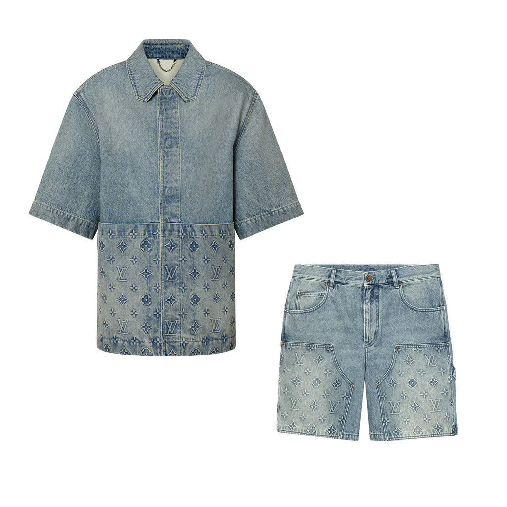 Louis Vuitton Men's Summer Fashion Casual Collared Single Button Classic Embossed Denim Short Sleeve Shirt Classic Print Zipper Mid Rise Workwear Denim Shorts Suit Set #78561