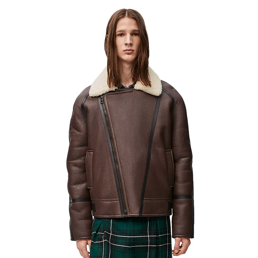 Loewe Men's Autumn And Winter Shearling Pilot Jacket Solid Color Zipper Lapel Loose Leather Jacket ﻿Ngvp #9776