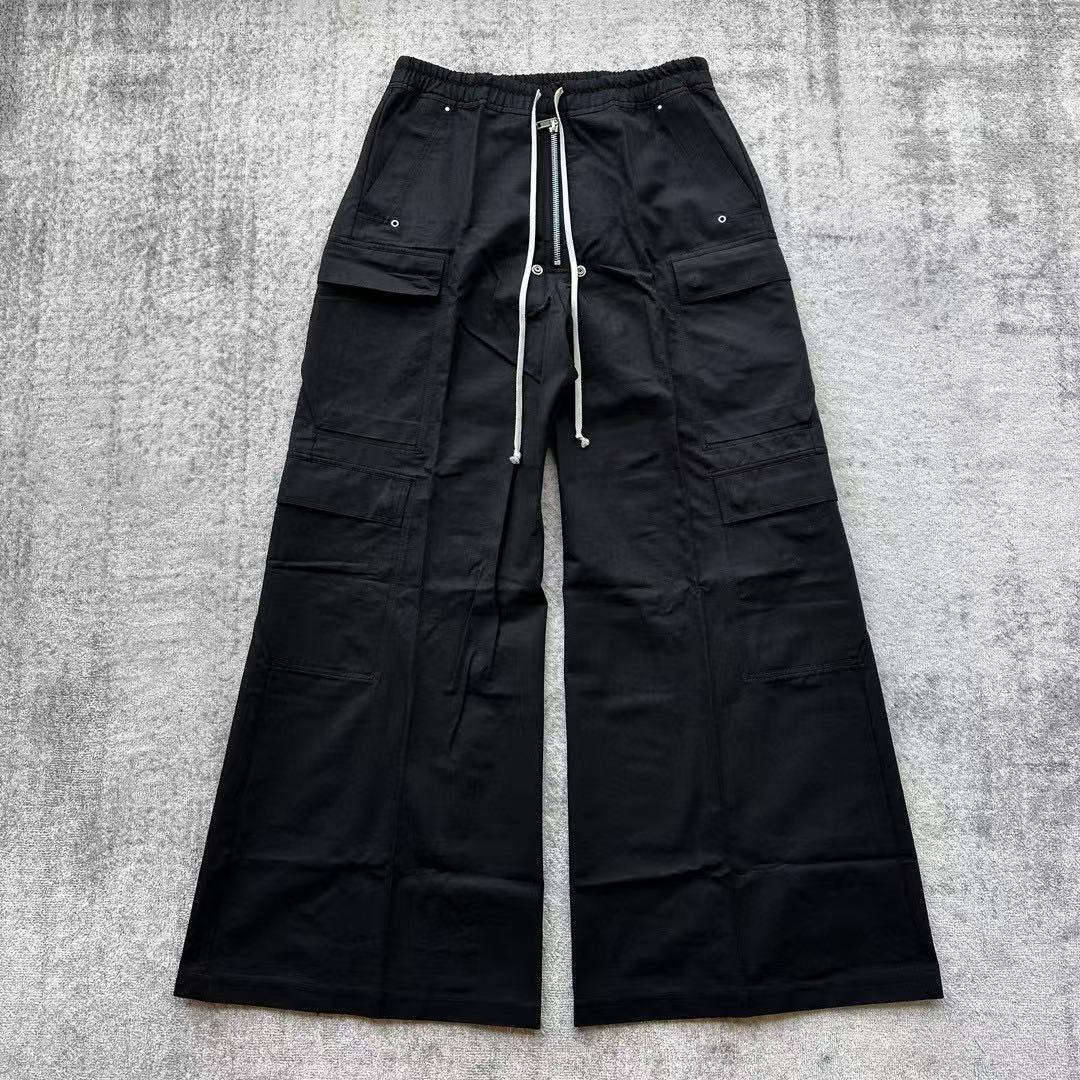 Rick Owens Men's Spring & Fall Black Multi-Pocket Drawstring Zipper Wide Leg Flared Pants #76955