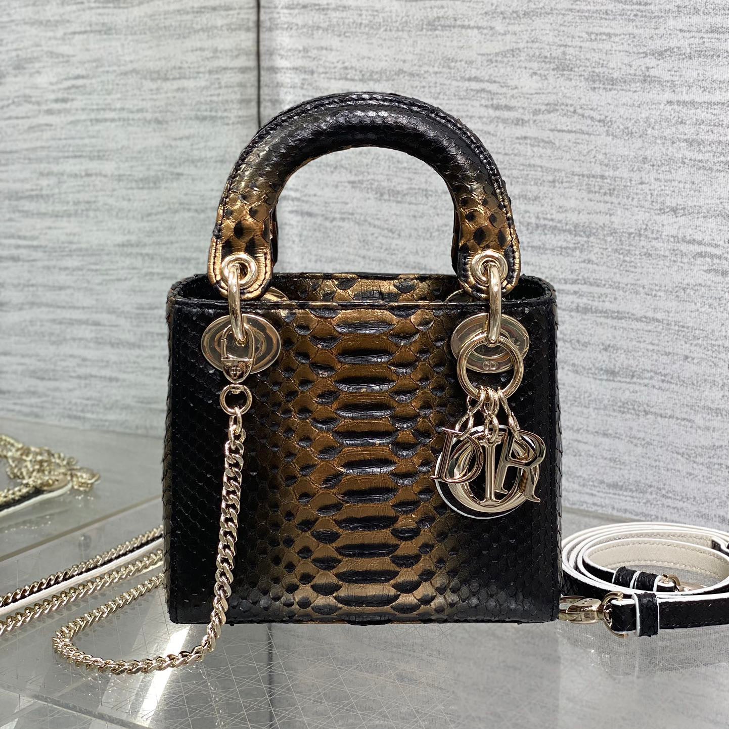 Dior Lady Women's Solid Color Metal Pendant Detachable Chain Shoulder Strap Snake Skin Single Shoulder Crossbody Handbag Bag Bags #77722