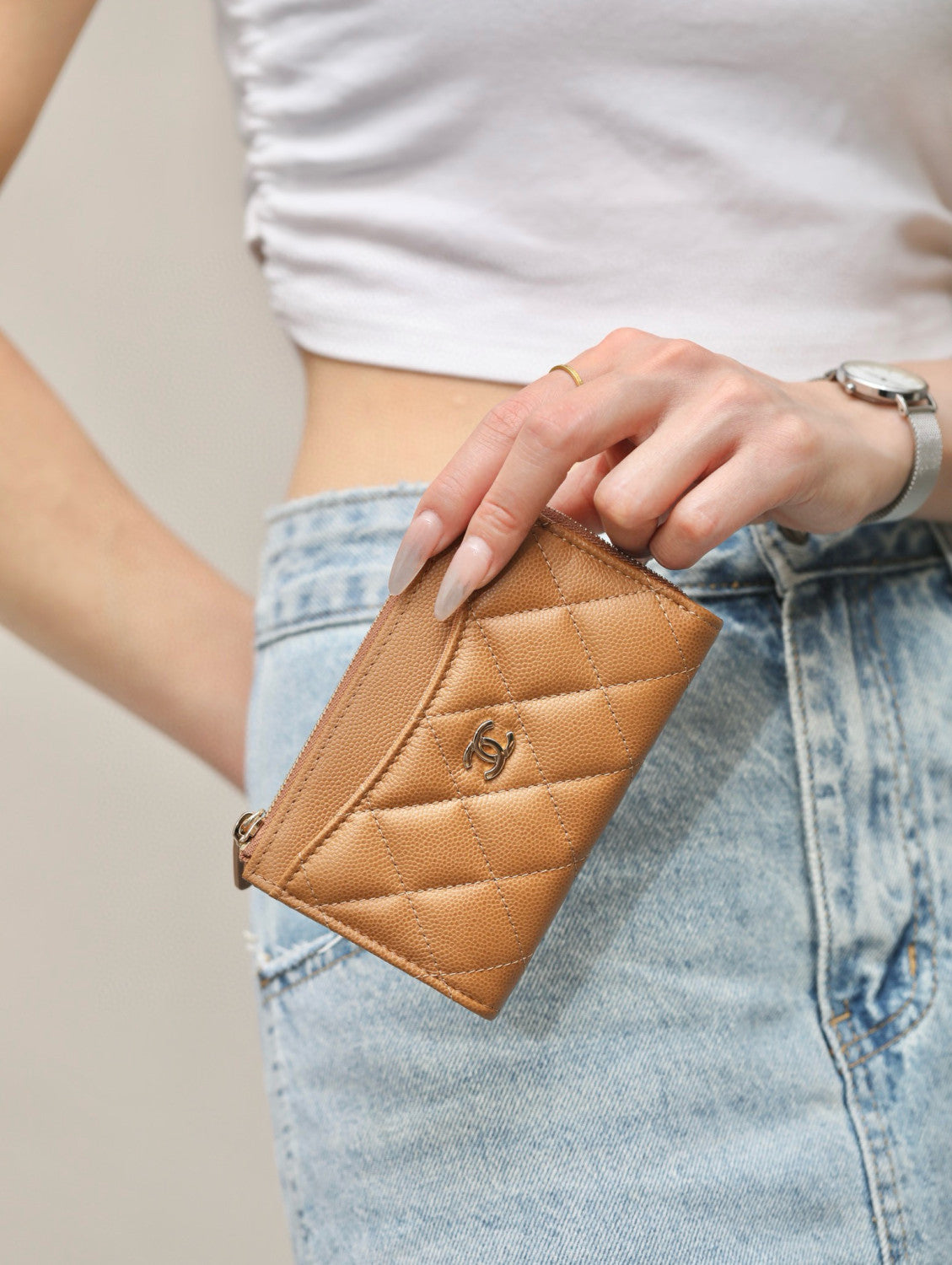 Chanel Women's Solid Color Card Case Zipper Closure Leather Wallet Coin Purse Bags Bag #71929