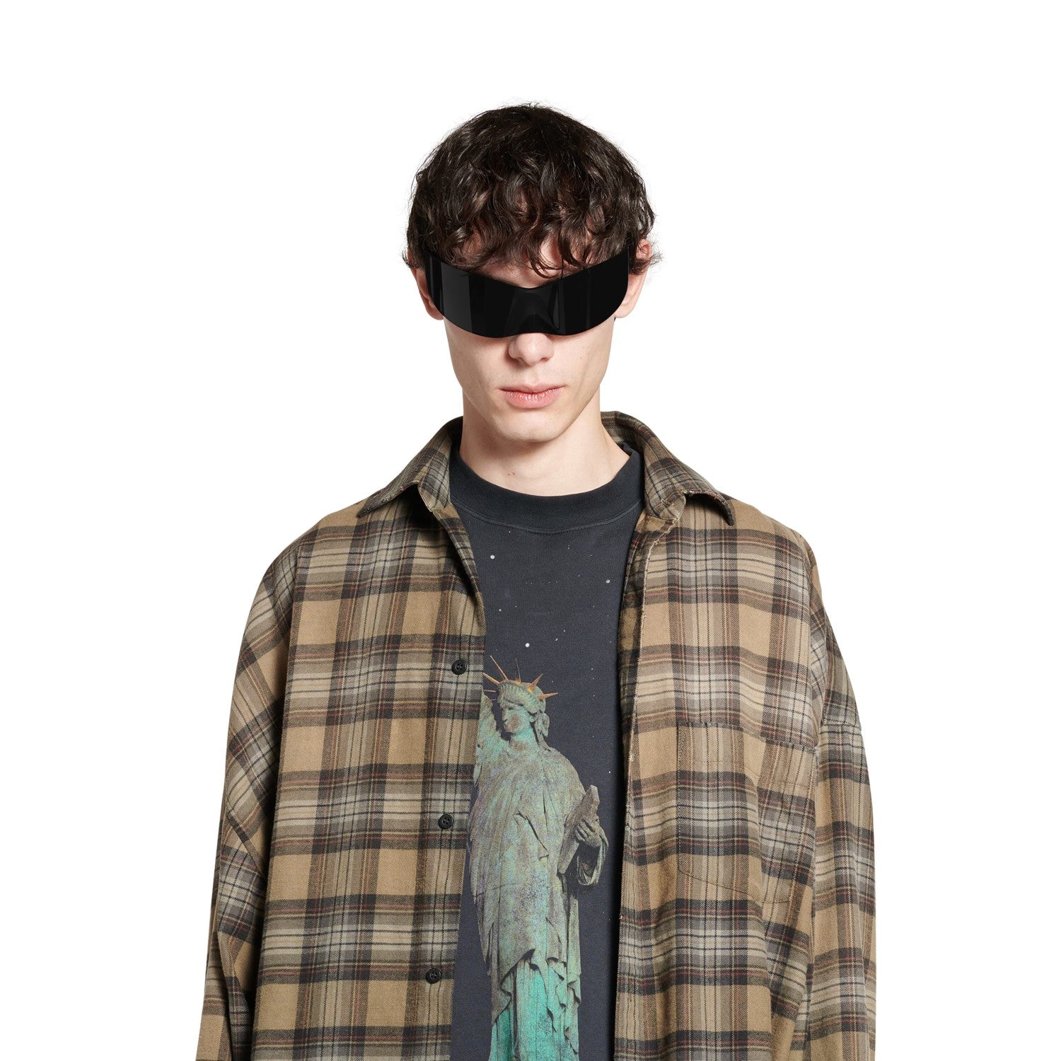 Balenciaga Men's Spring And Autumn Checkered Lapel Aged Cotton PARIS LIBERTY Loose Long Sleeve Solid Layered Shirt Ngvp #9286