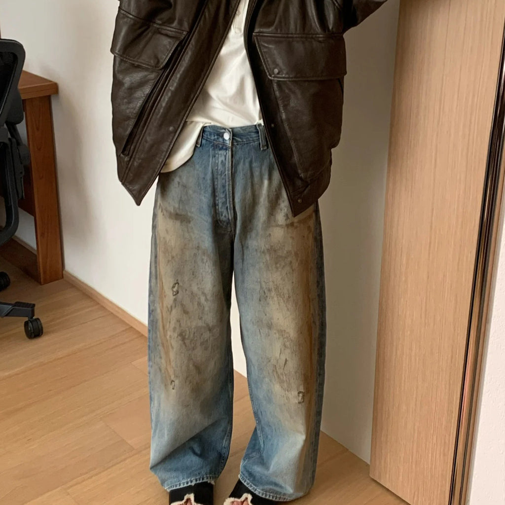 Men's Four Seasons Do Old Low Waist Zipper Closure Solid Color Cotton Loose Denim Jeans Autonomous Label-Free Casual Pants Ngvp #9922