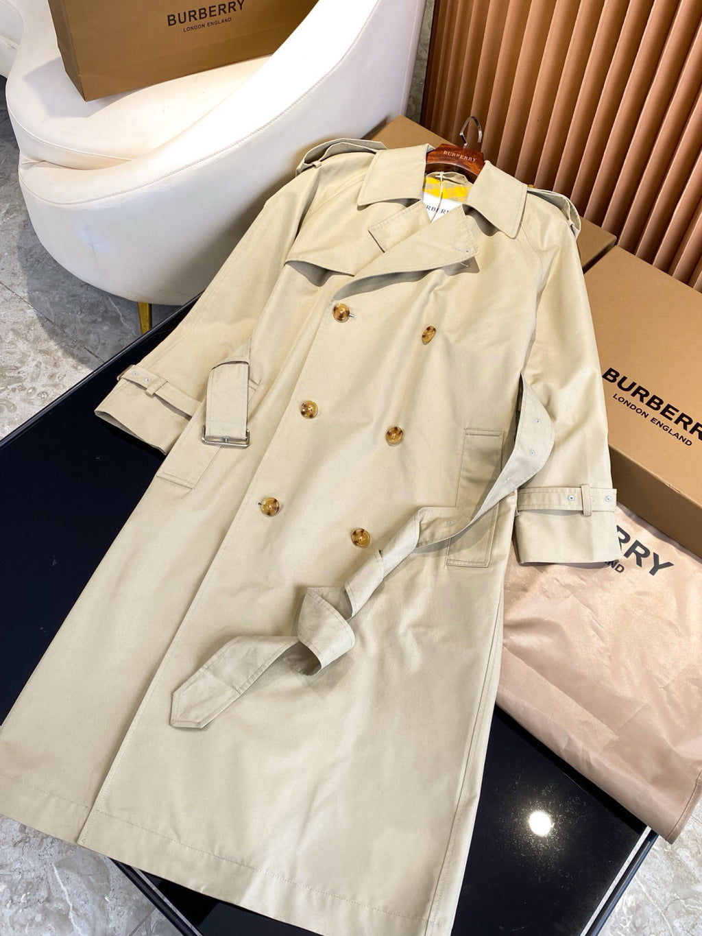 Burberry Men's Spring And Fall Solid Color Double Breasted Tie Waist Long Windbreaker Coat Jacket #98782