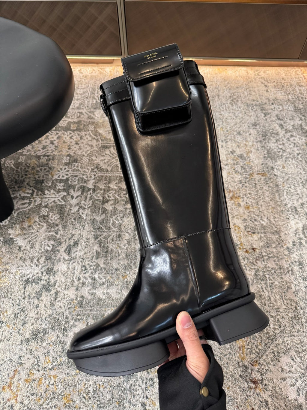 Prada Women's Autumn/winter Fashion Classic Solid Color Round Toe Buckle Shiny Leather High Top Thick Sole Boots Shoes #78385