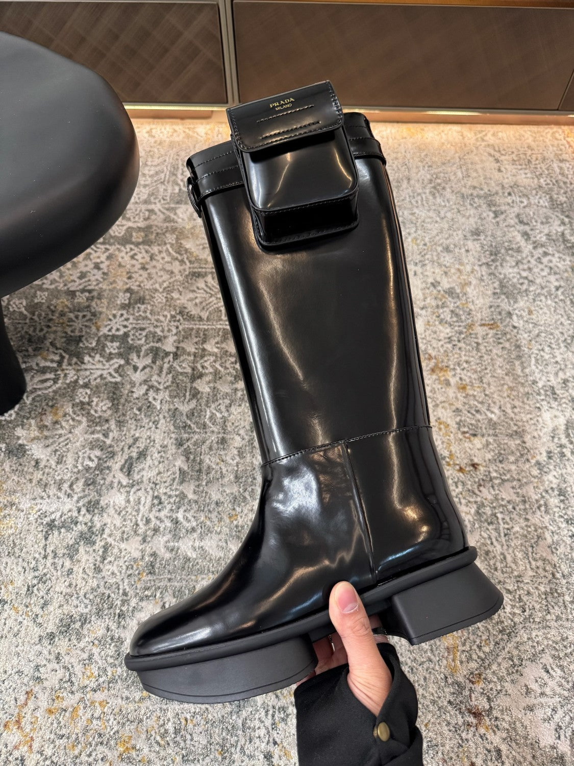 Prada Women's Autumn/winter Fashion Classic Solid Color Round Toe Buckle Shiny Leather High Top Thick Sole Boots Shoes #78385