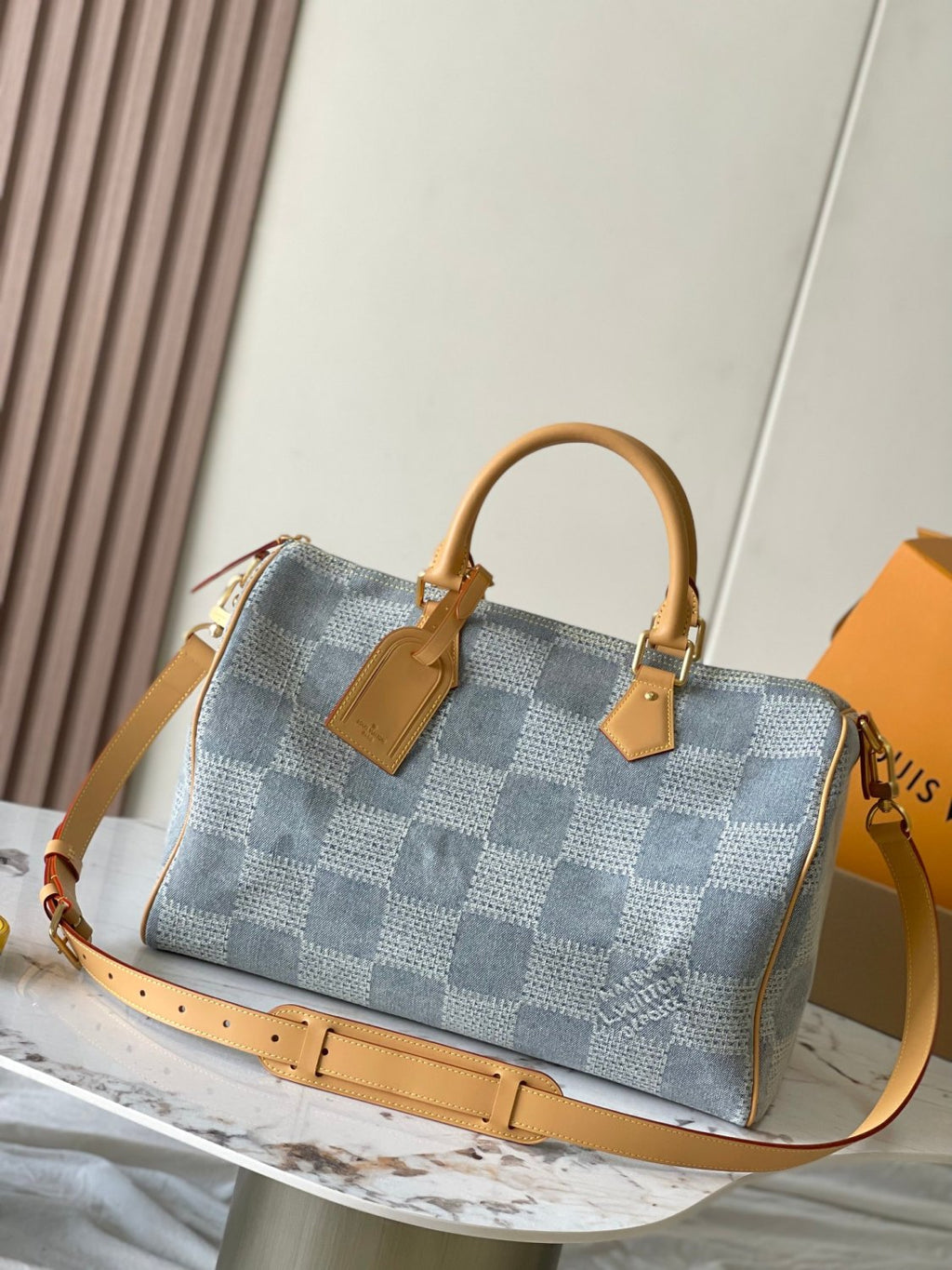 Louis Vuitton Speedy 40 Bandoulière Men's and Women's Checkerboard Printed Denim Patchwork Leather Single Shoulder Crossbody Tote Bag Travel Bags #76847