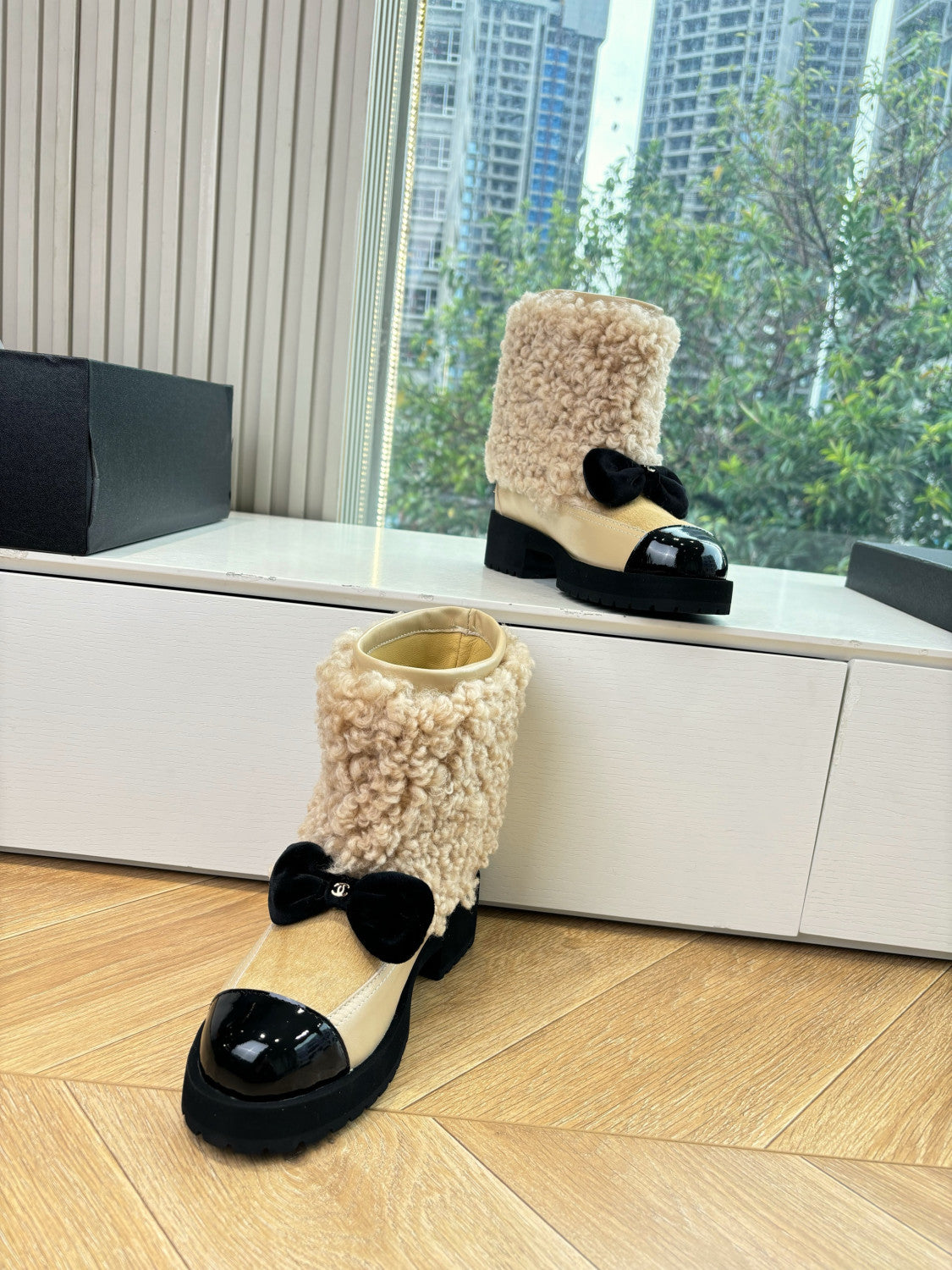Chanel Short Boots Shearling Lambskin Calfskin Lambskin Patent Calfskin Beige Black #334244