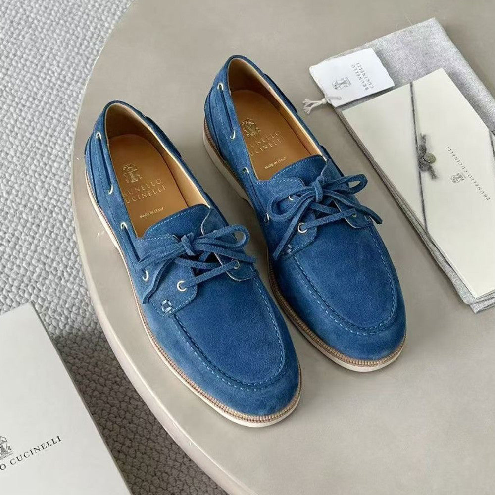 Brunello Cucinelli Men's Washed Suede Boat Shoes. Four-Season Solid Color Round Toe Lace-Up Low-Top Casual Shoes Ngvp #2125